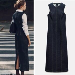 NWT Zara Dark Blue Denim Midi Dress Size XS
